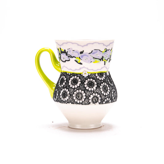 Floral and Lace Dimple Mug with Chartreuse Handle