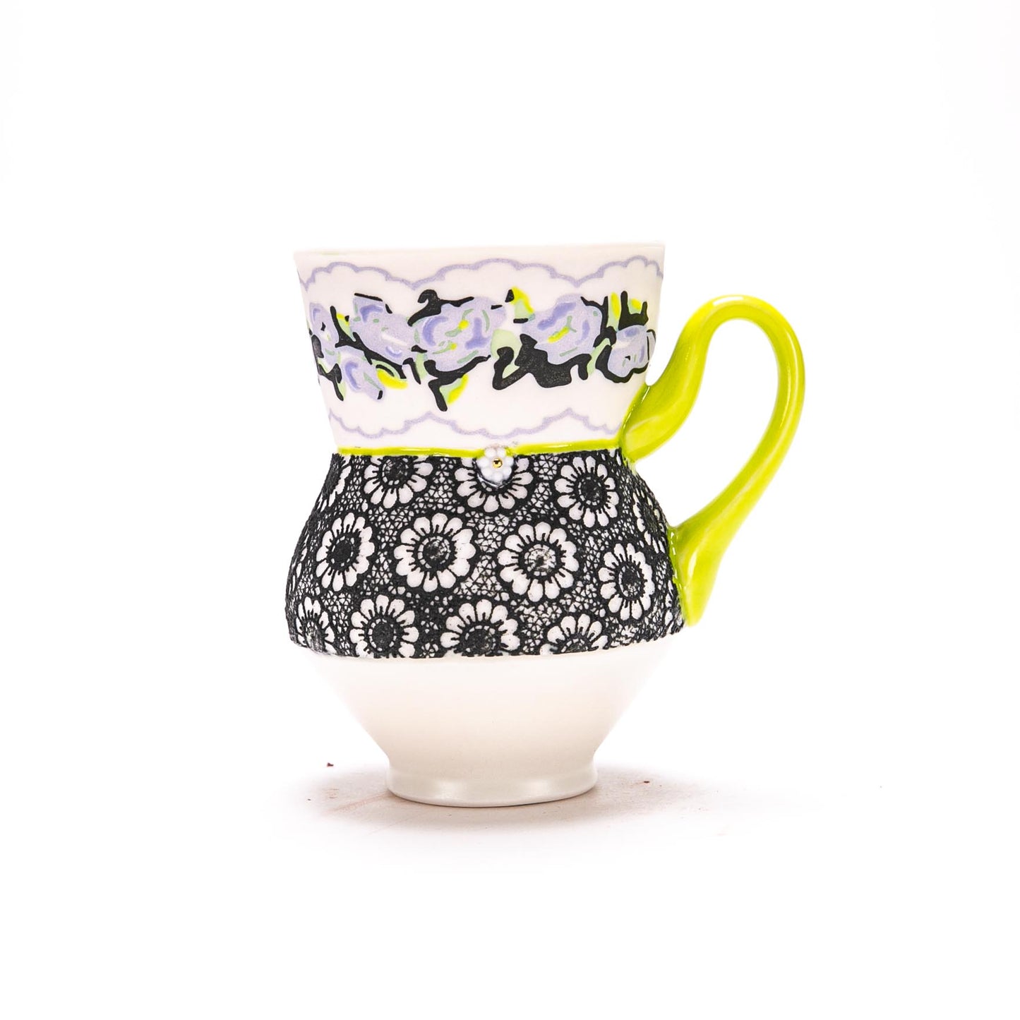 Floral and Lace Dimple Mug with Chartreuse Handle